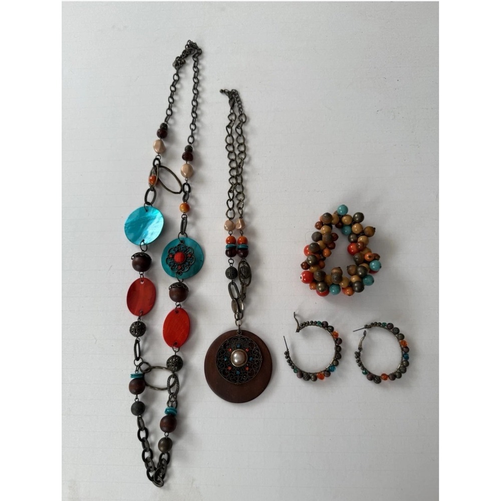 Boho Beaded Necklace‎ Bracelet Earrings Hoop Set Multi Color Turquoise Red